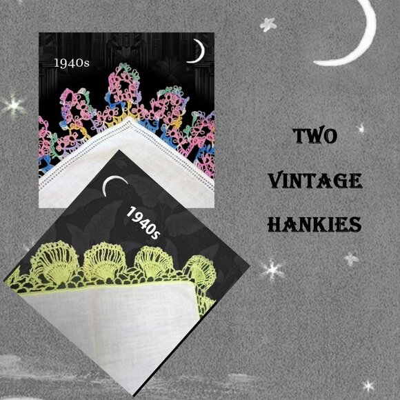 TWO Vintage 40s Handkerchief,  Tatted Linen Hankies, SERIOUS Tatting – Hanky - Picture 1 of 16